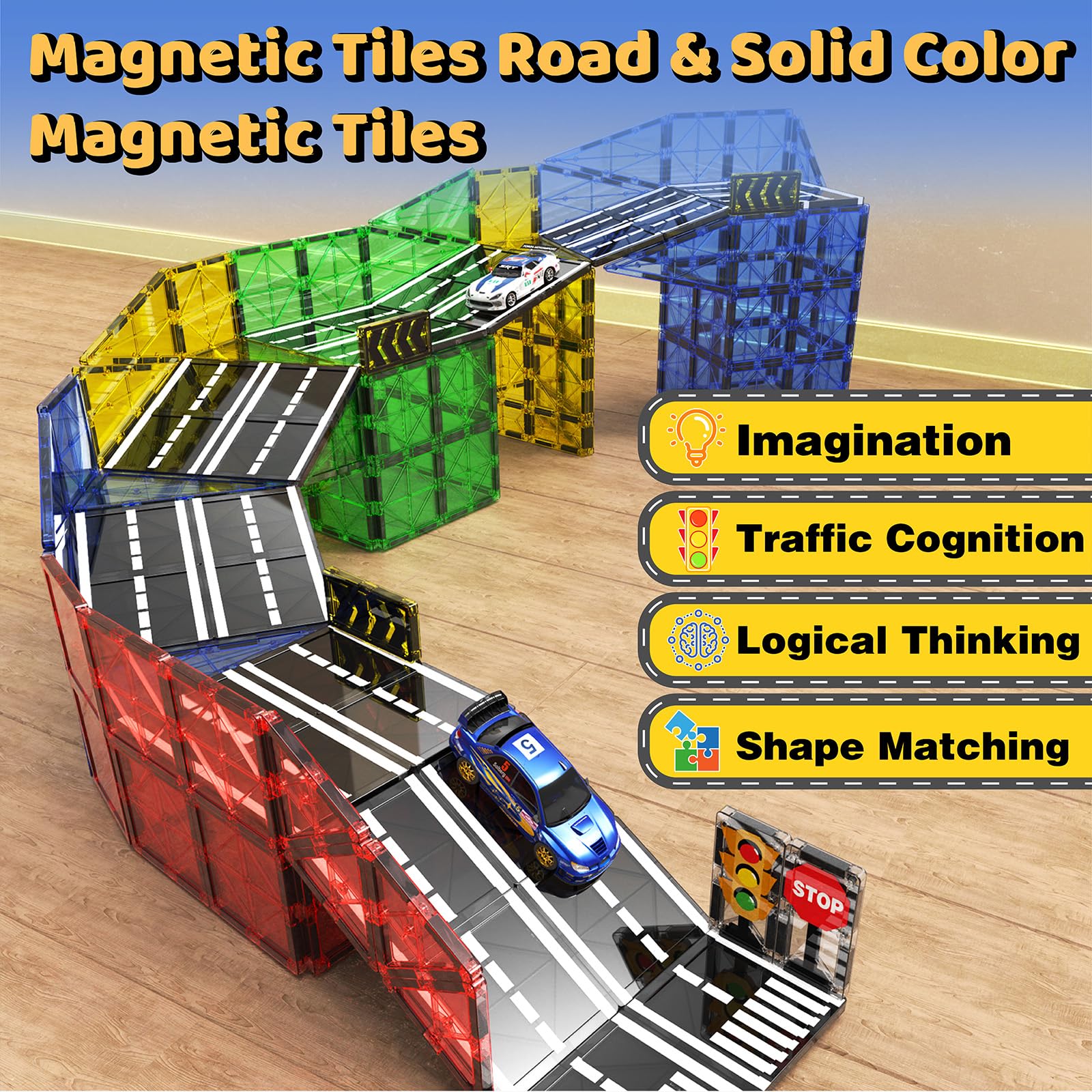 Goodtiles road set side view with color tiles ready for building