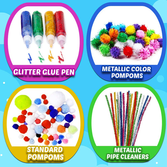 Assorted craft supplies laid out for group projects and classroom activities.