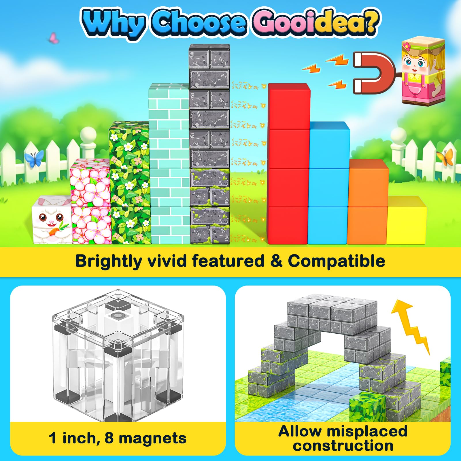 Gooidea 1-inch magnets fit small hands for easy stacking.