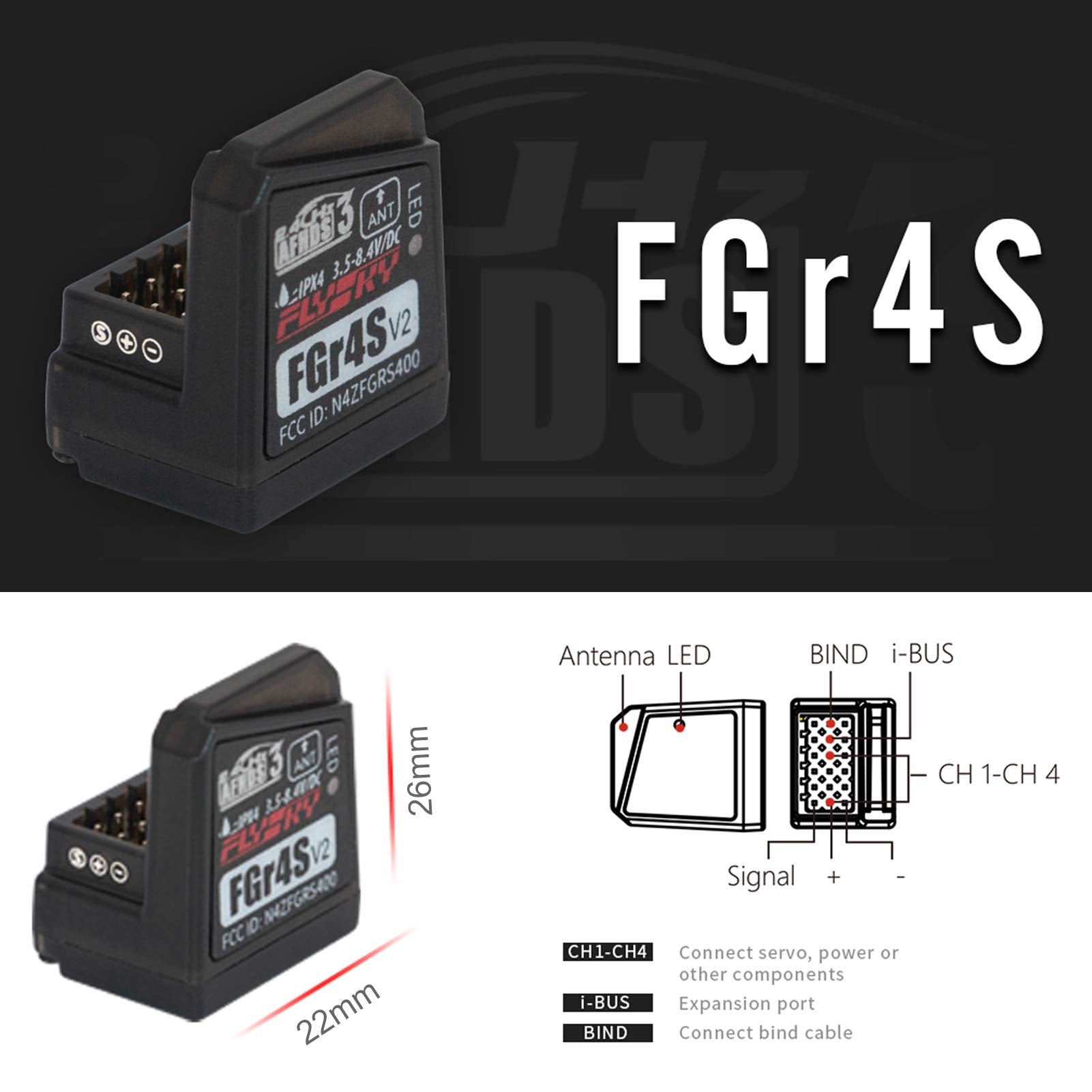 GoolRC FGr4S V2 receiver back view highlights clean wiring area for quick setup.