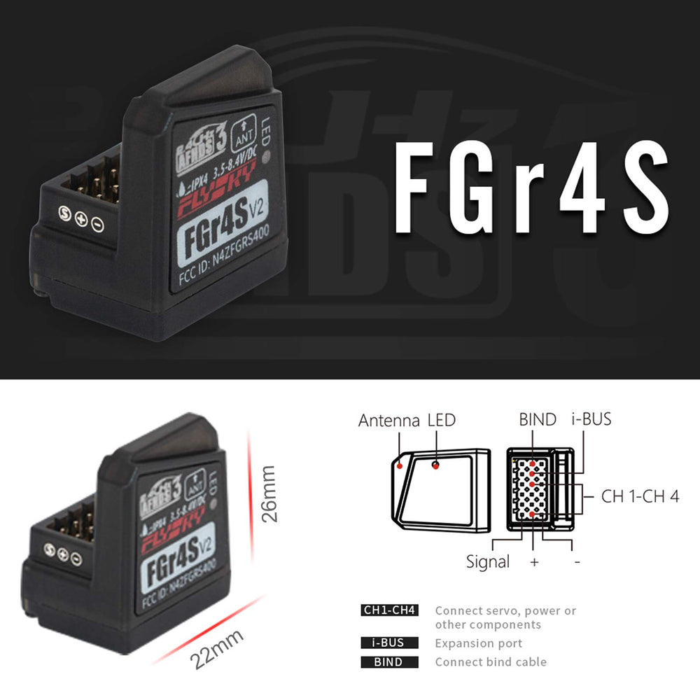 GoolRC FGr4S V2 receiver back view highlights clean wiring area for quick setup.