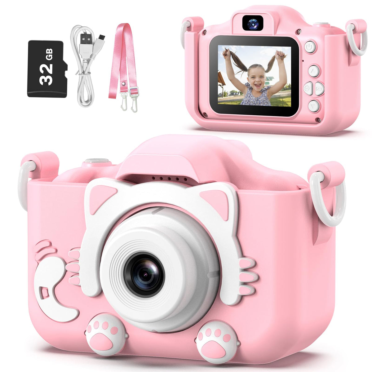 Goopow kids camera front view with cartoon cover for safe, playful use.