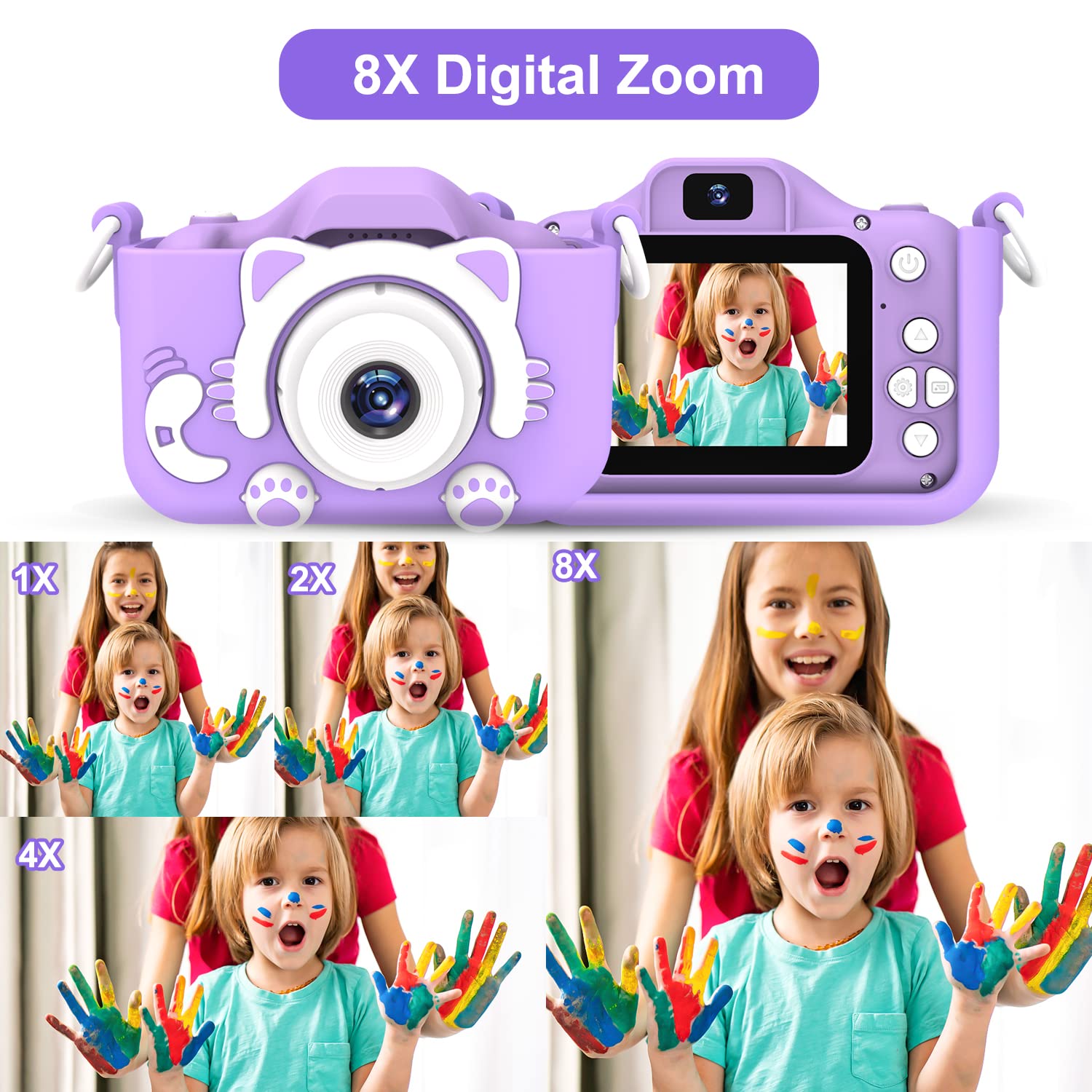 Goopow Kids Selfie Camera 32GB SD card included for extra storage.