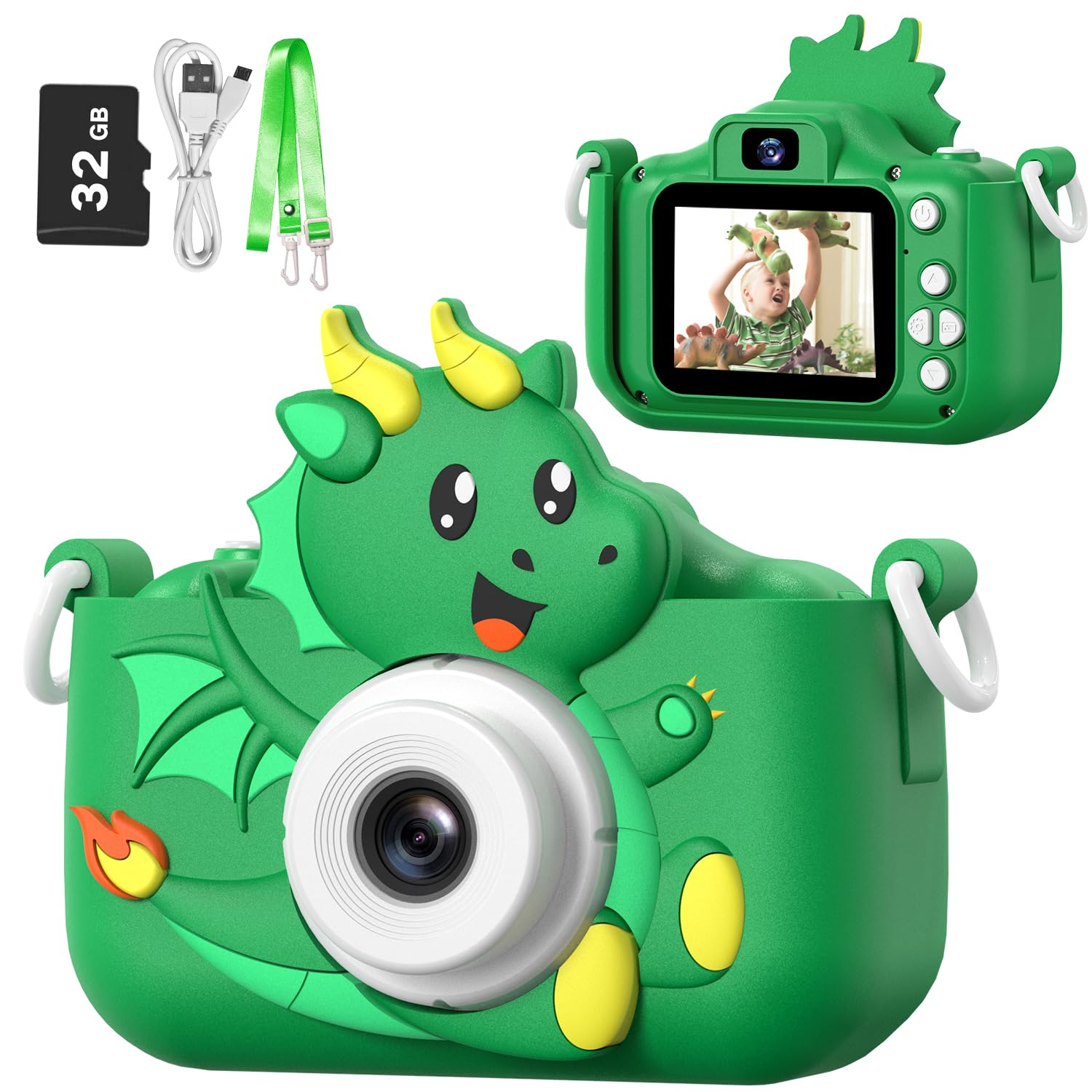 Goopow Kids Selfie Camera Green front view shows compact design for easy on-the-go photography.