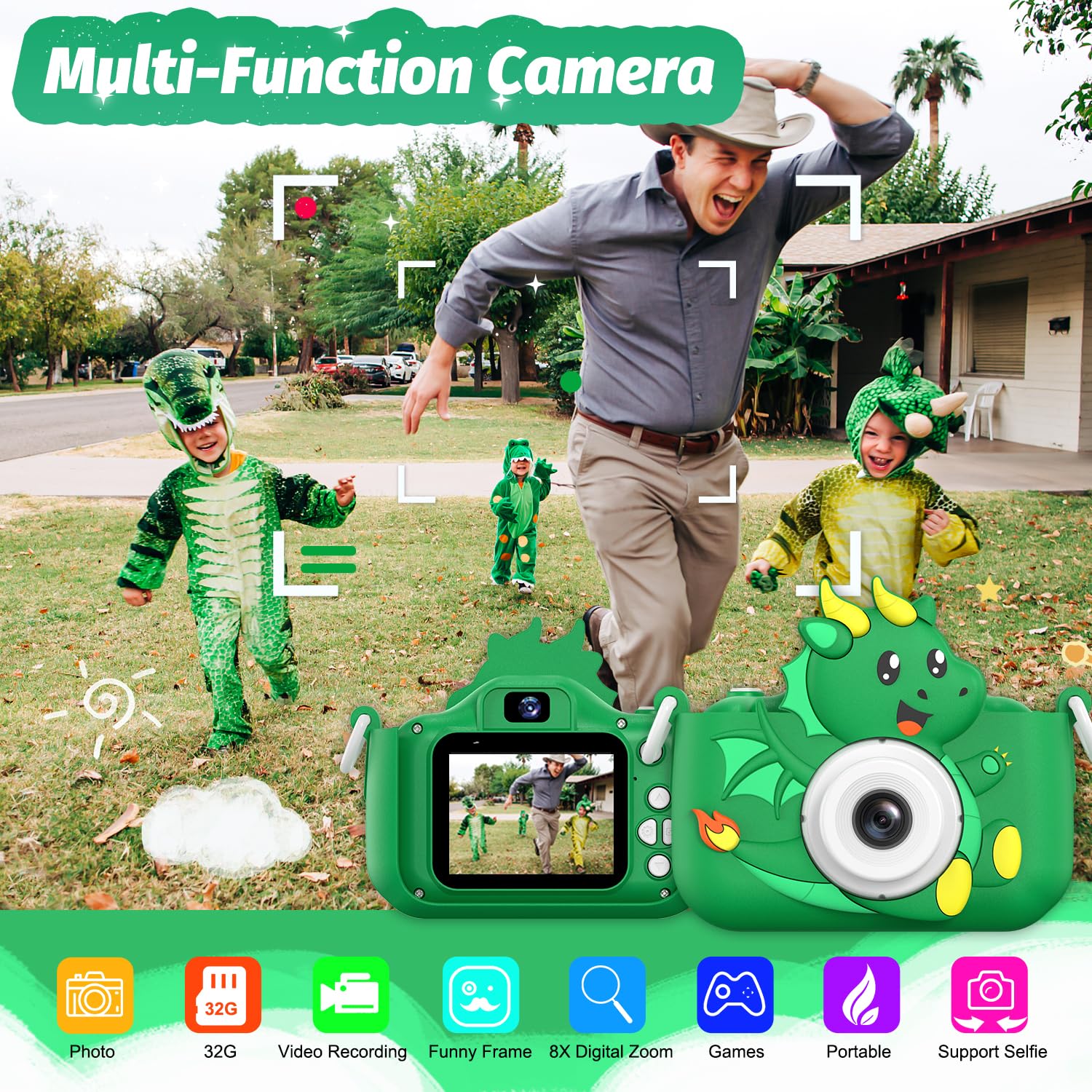 Goopow Kids Selfie Camera Green rear view ideal for capturing playful moments with friends.