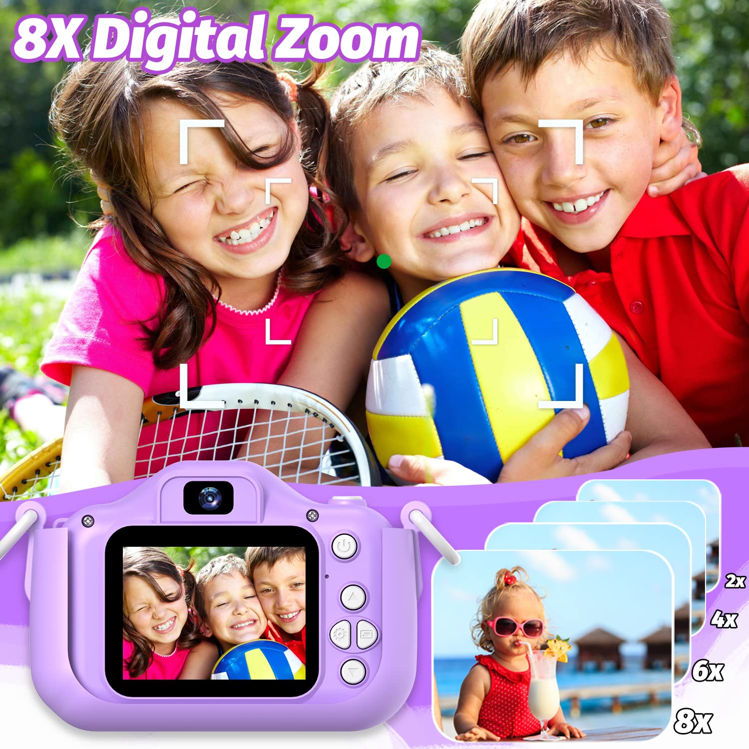 Goopow Kids Selfie Camera with lanyard accessories, simple outdoor photography.
