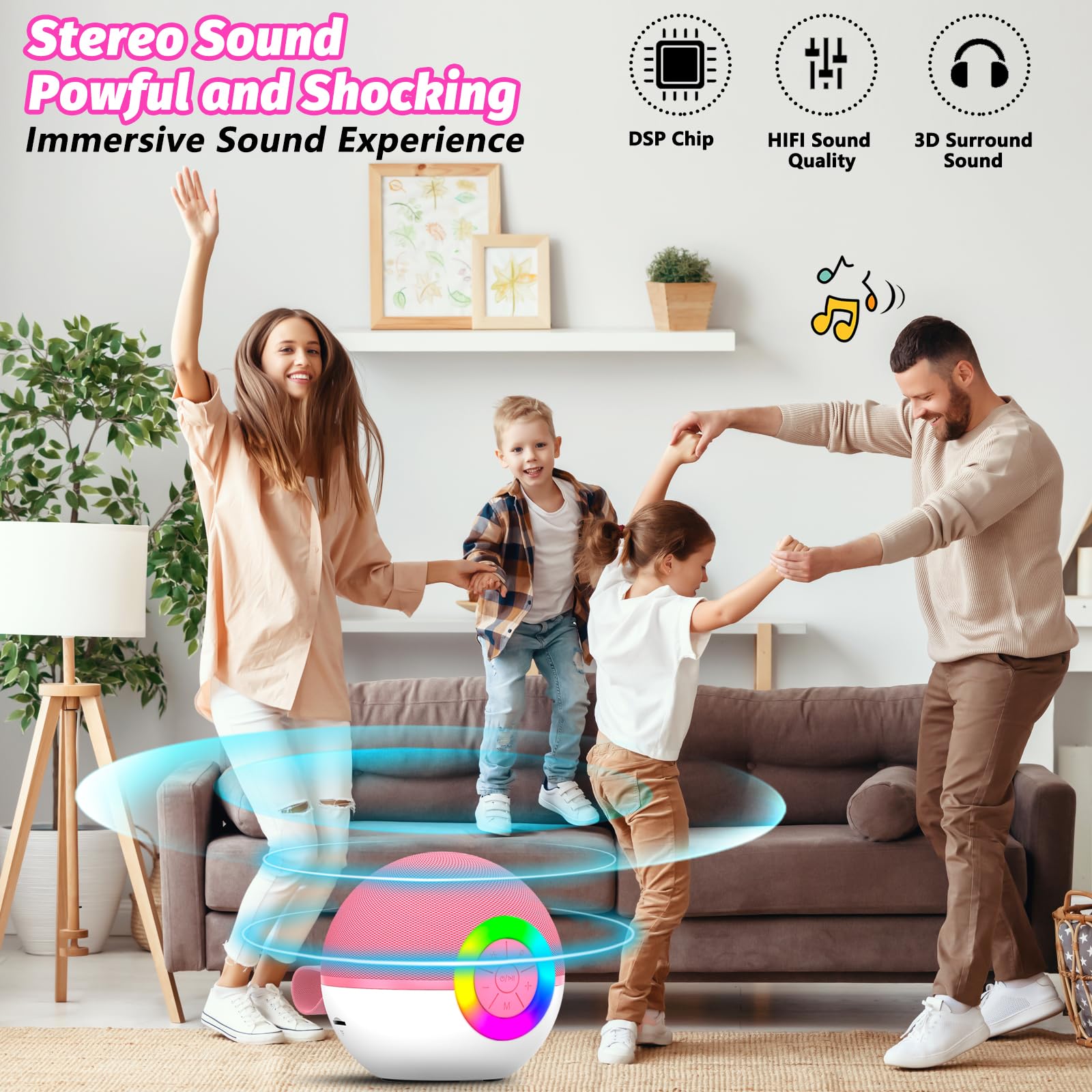Goopow mini karaoke machine pink side panel showing compact portable design for travel.
