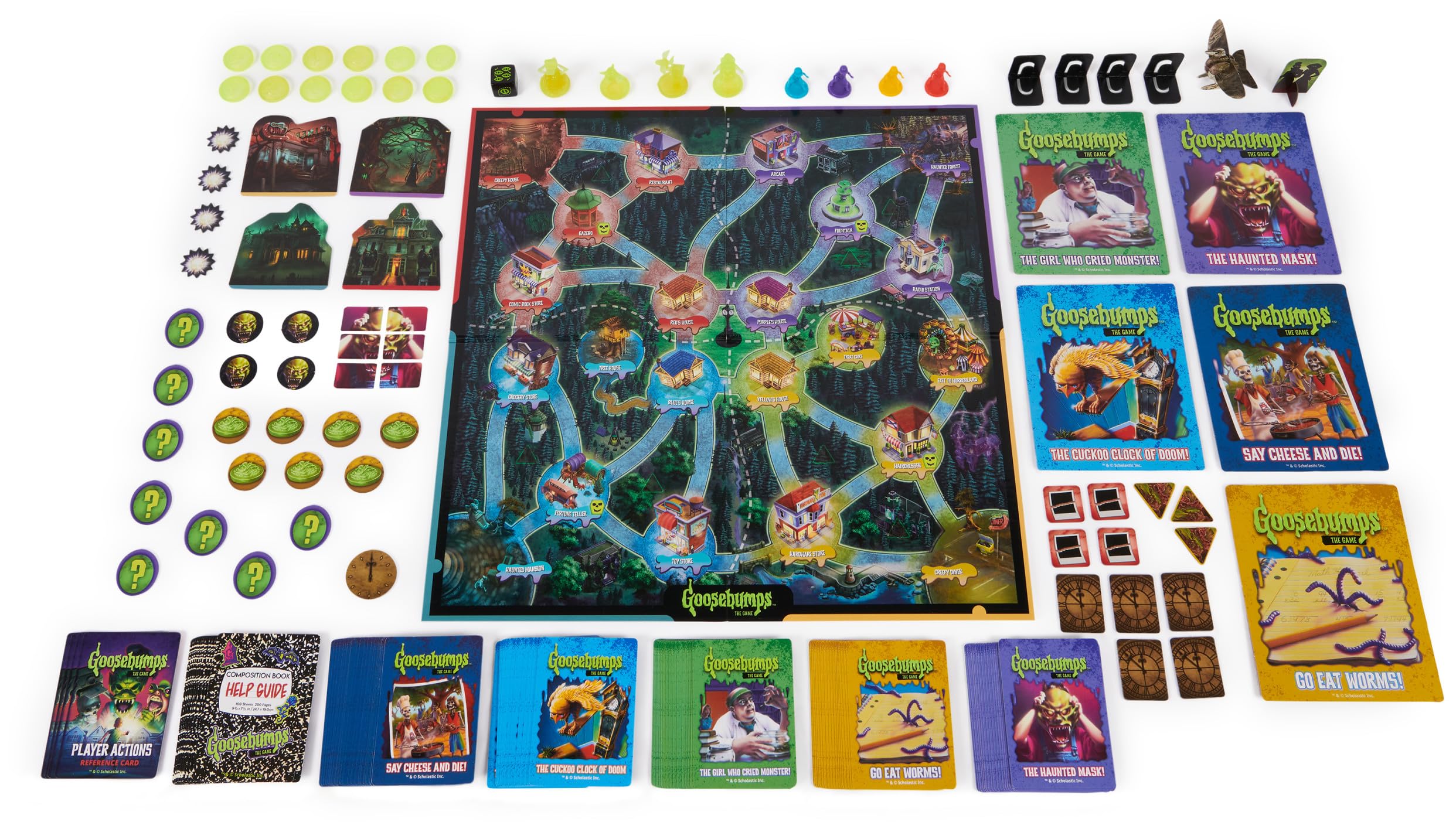Goosebumps game contents laid out with board, cards, tokens, and guides.