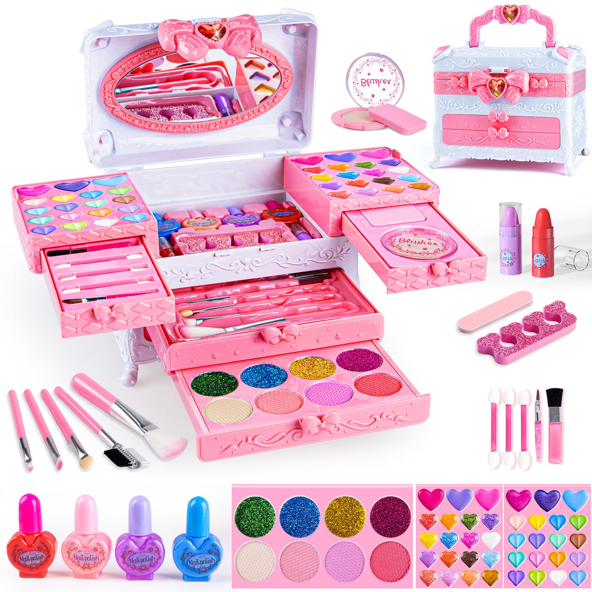 GORISPI kids makeup kit with mirror, ideal for pretend play and storytelling.