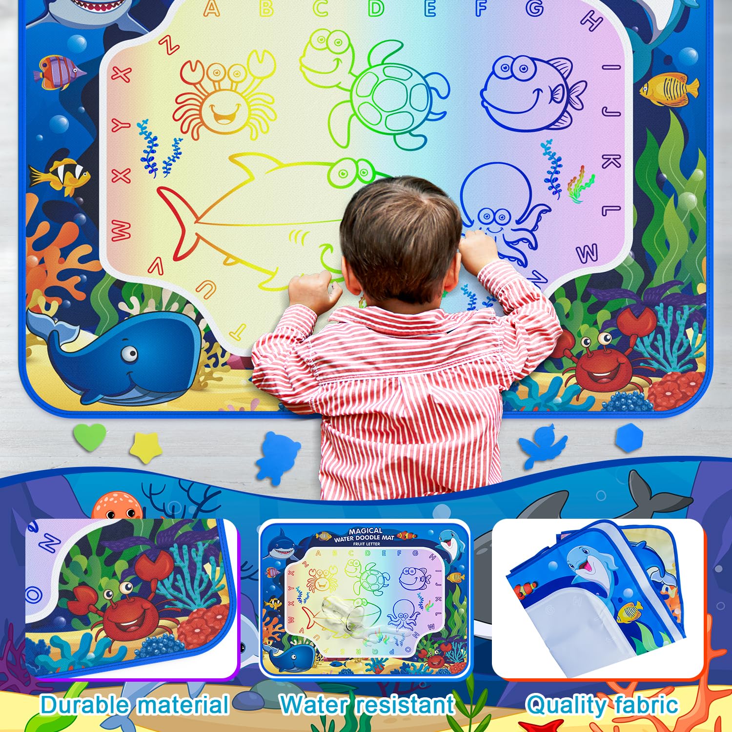 Educational letters and graphics on the Gorispi mat boost early learning.