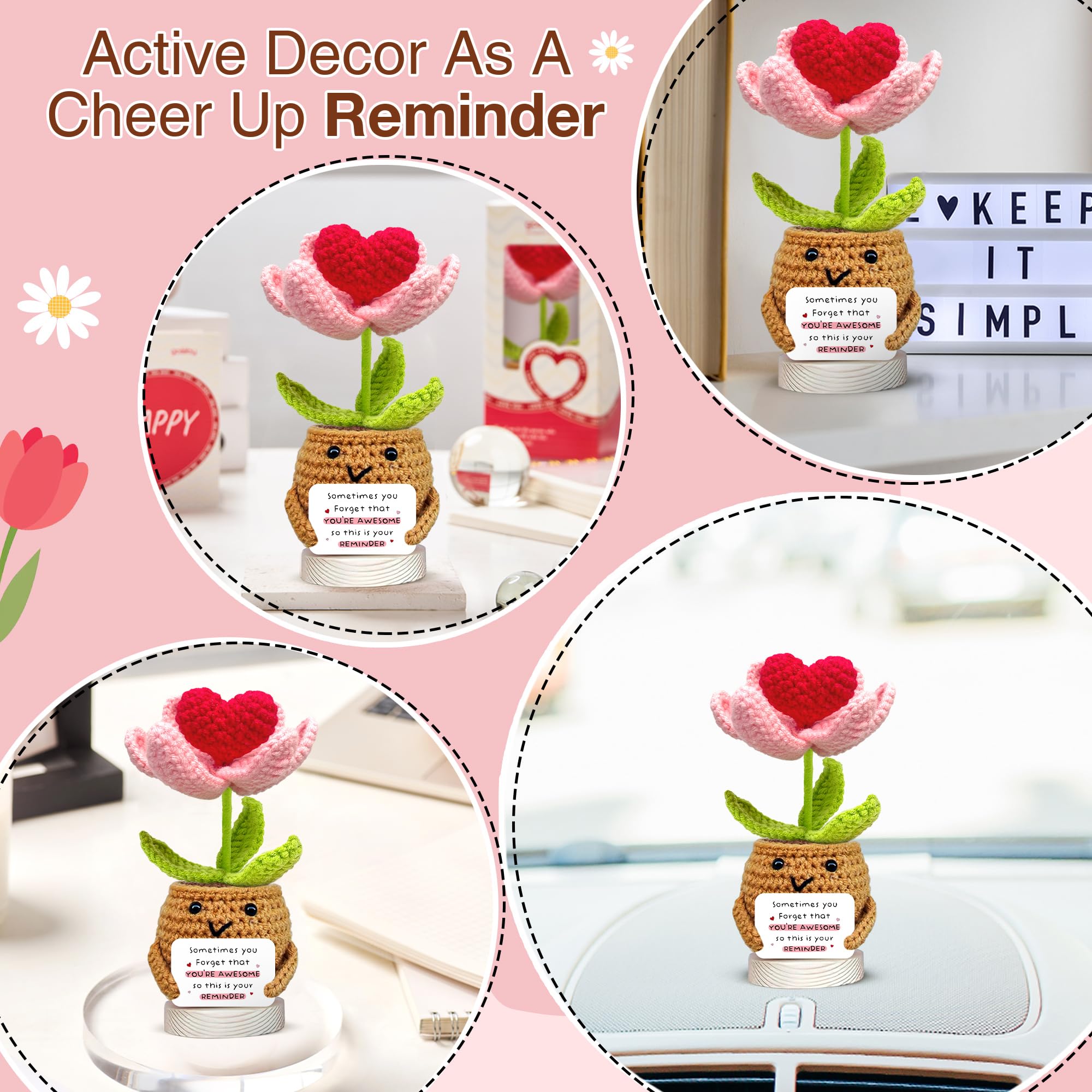 Gossby positive heart flower crochet plant on a shelf, warm decor