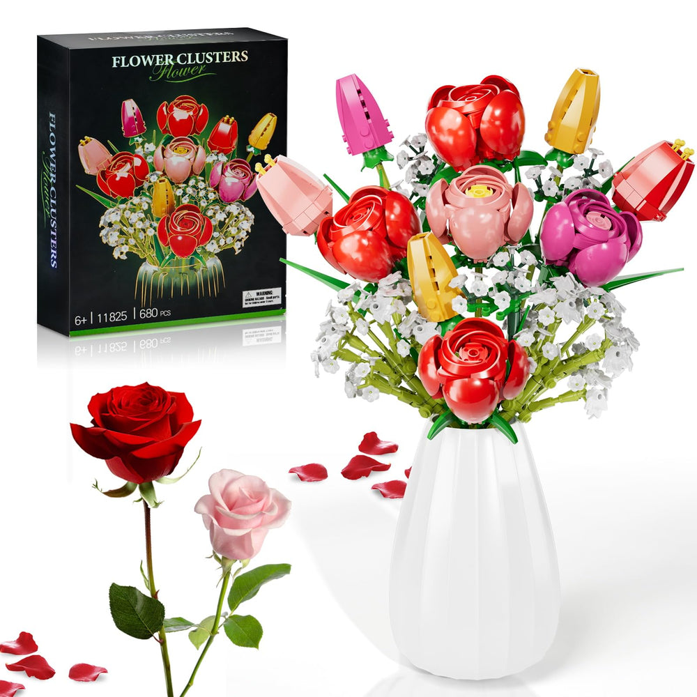 GoStock flower bouquet building set with roses and tulips for creative play and decor.