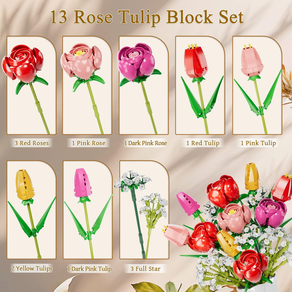 GoStock rose-tulips block bouquet close-up highlighting safe, durable building blocks.