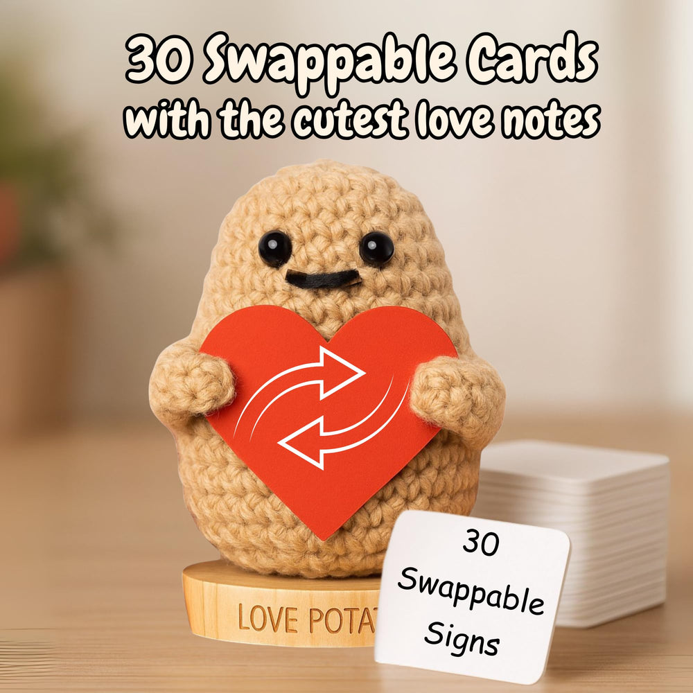 Wooden base with notes and crochet potato from Got you a little something.