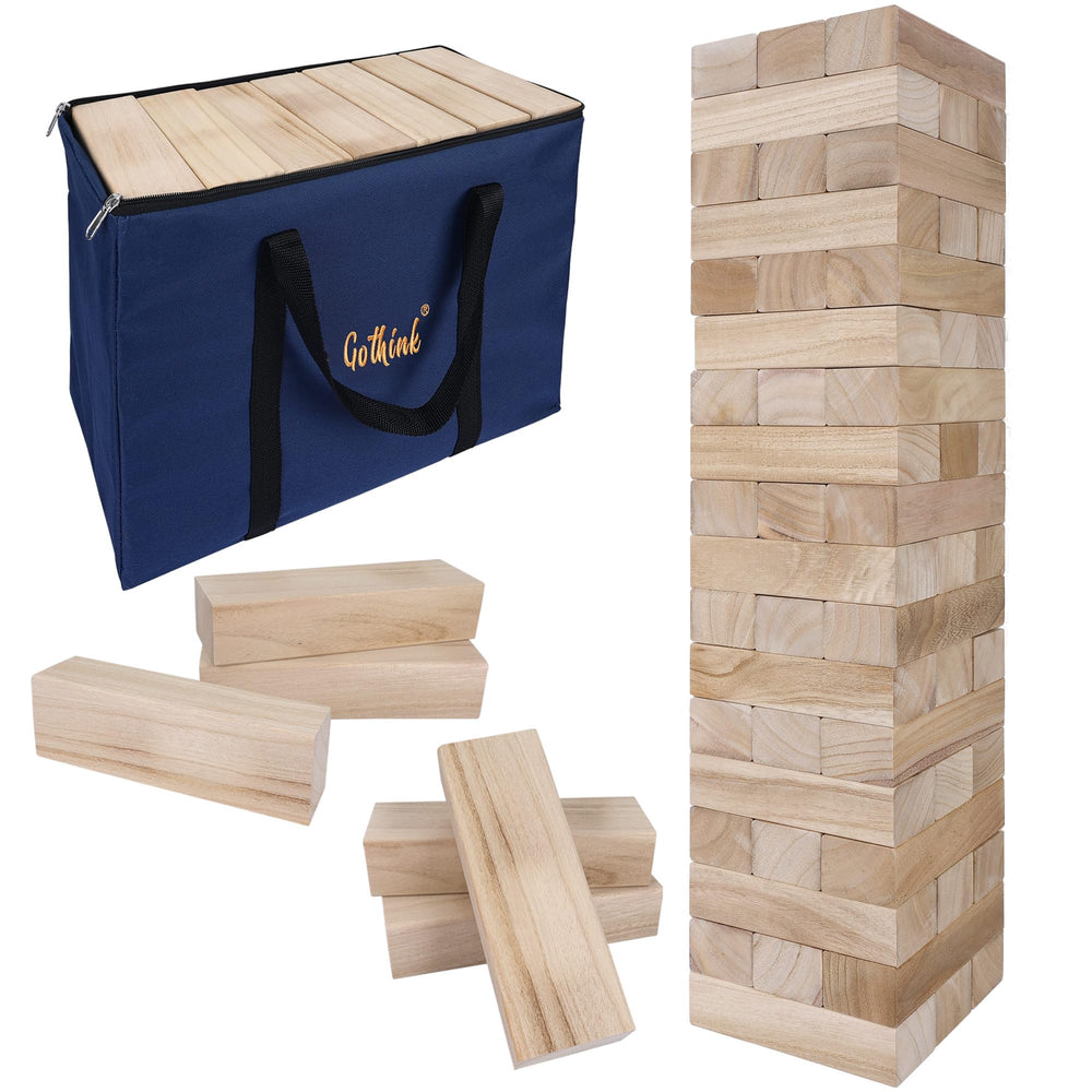 GOTHINK Giant Tumble Tower assembly: sturdy wooden blocks ready for backyard stacking.