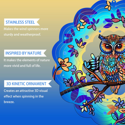 GOTOME Owl wind spinner metal sculpture decor that withstands windy conditions.