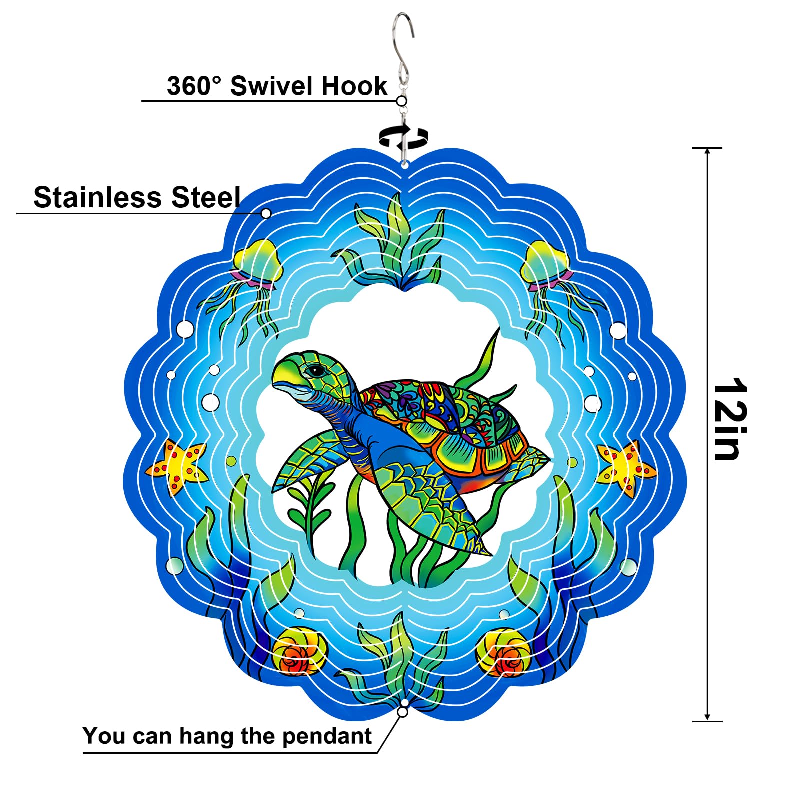 GOTOME Sea Turtle Wind Spinner is a 12-inch hanging sculpture for gardens.