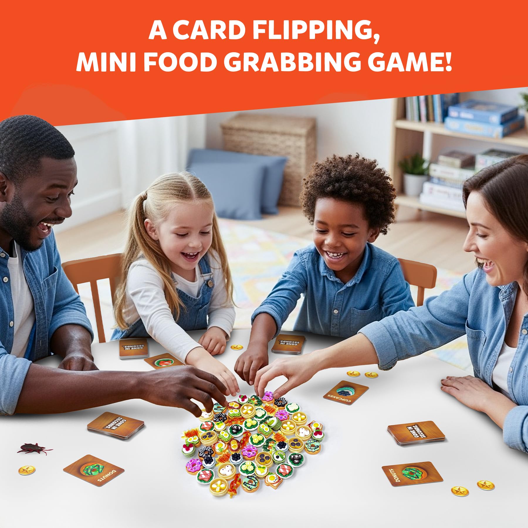 Gouda Games Gone in Seconds mini foods spread across the table for lively grabbing