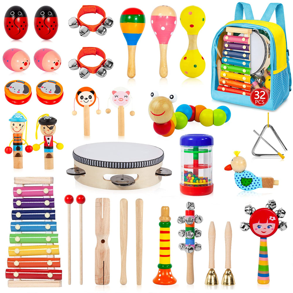 Gouezcc 32-piece toddler musical instruments set shown for colorful early rhythm exploration