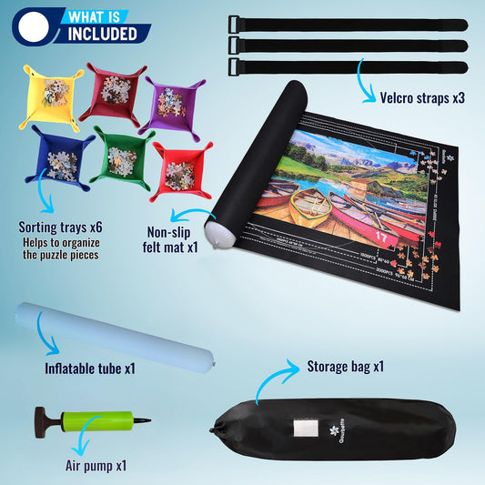 Gourbette roll-up board on felt surface prevents slipping during puzzling.