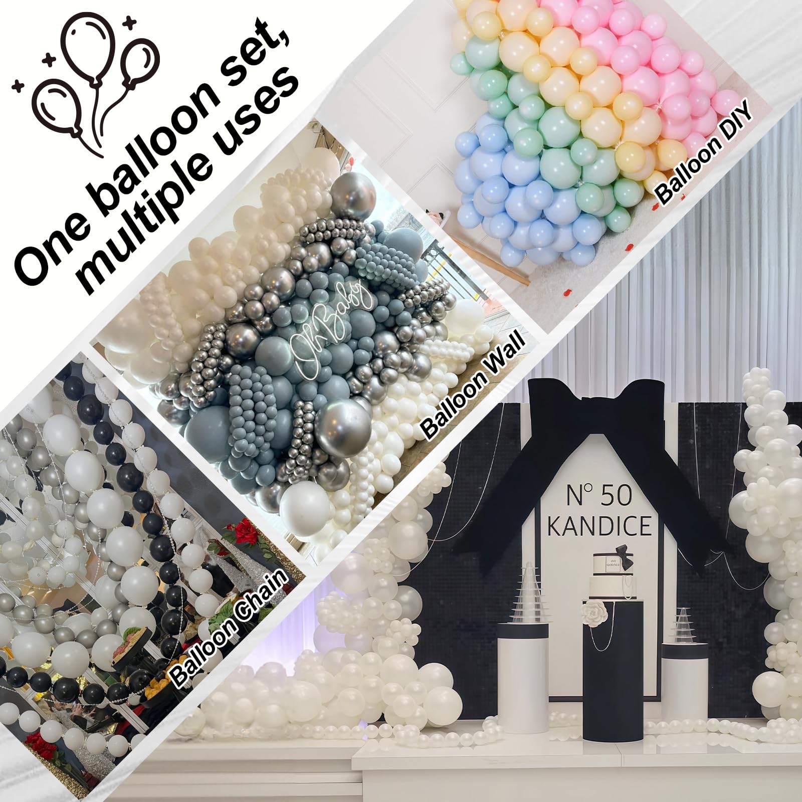 Govpy pearl white balloons arranged into a wall arch for elegant backdrops.
