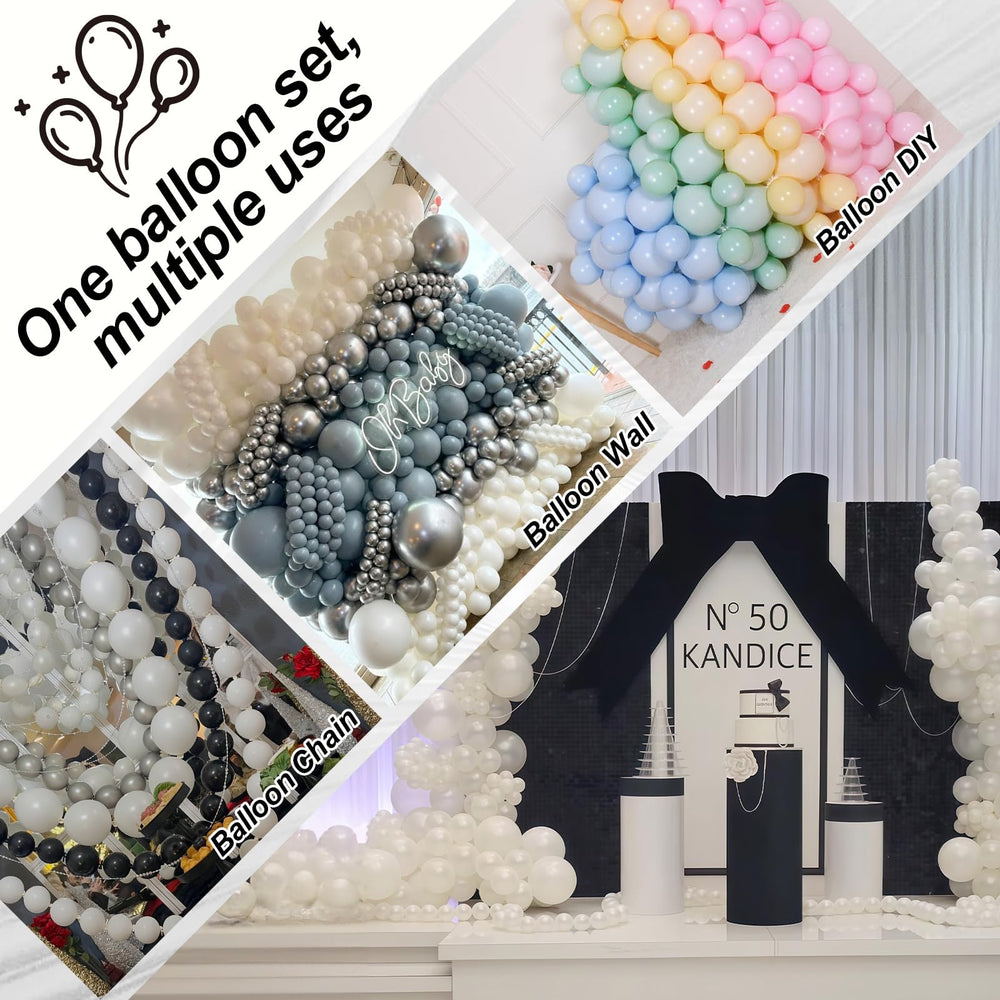Govpy pearl white balloons arranged into a wall arch for elegant backdrops.