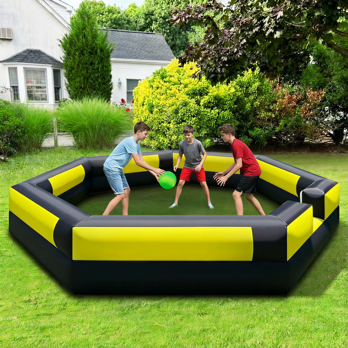 GR8FUN 15FT inflatable gaga ball pit with built-in blower for quick setup and play.