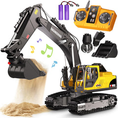 GraceDuck RC excavator with alloy bucket for sandbox digging.
