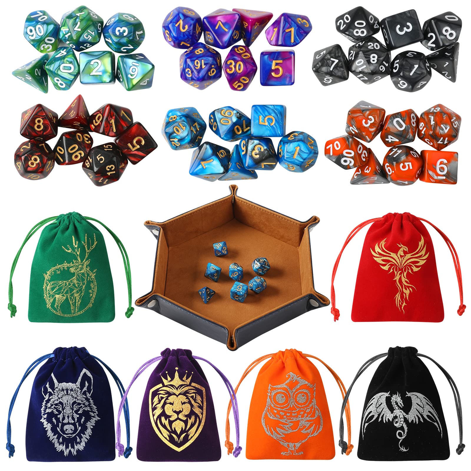 Grajar DND 42-piece dice set with swirl colors for easy readability