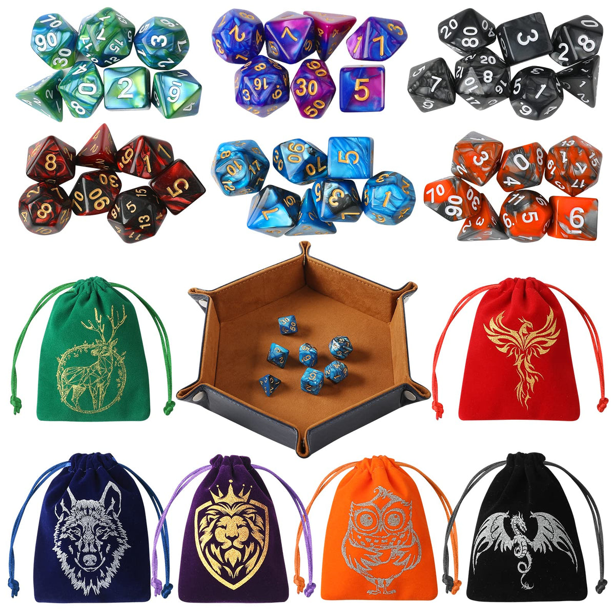 Grajar DND 42-piece dice set with swirl colors for easy readability