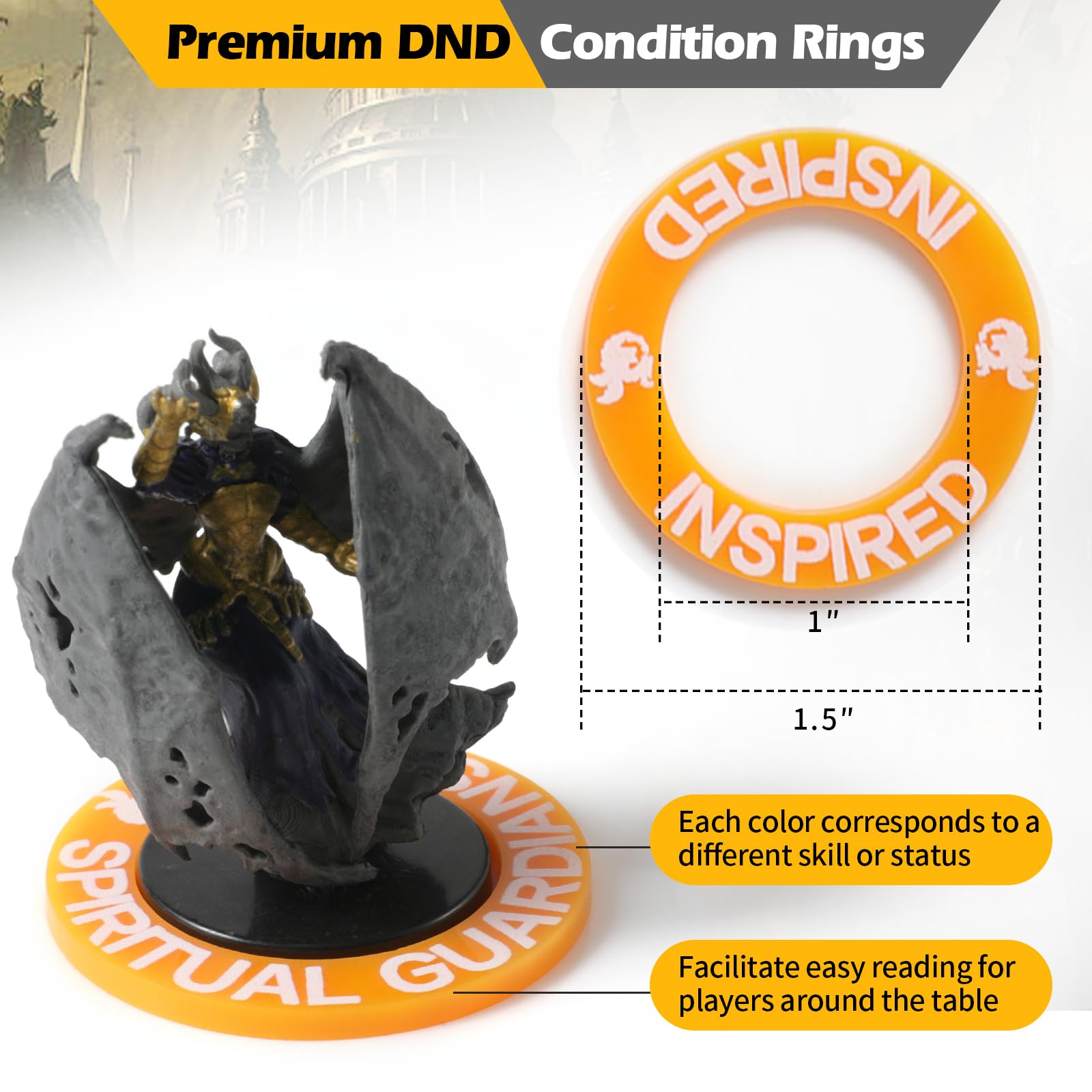 Rings attached to a DND miniature for at-a-glance status updates.
