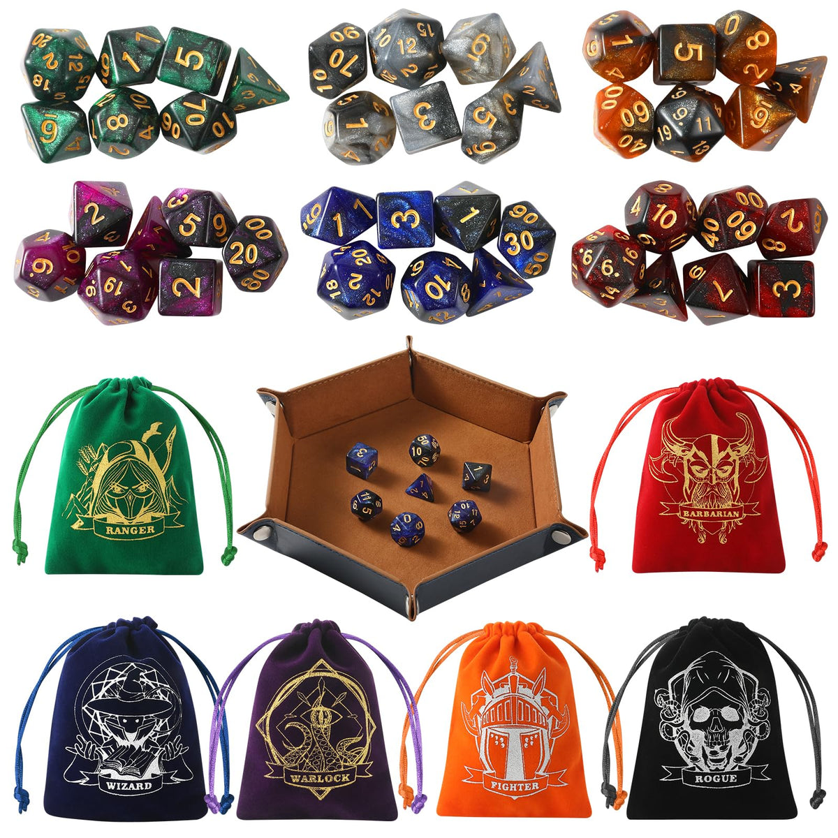 Grajar Starry Sky D&D dice set with glitter acrylic faces and clear numbers.