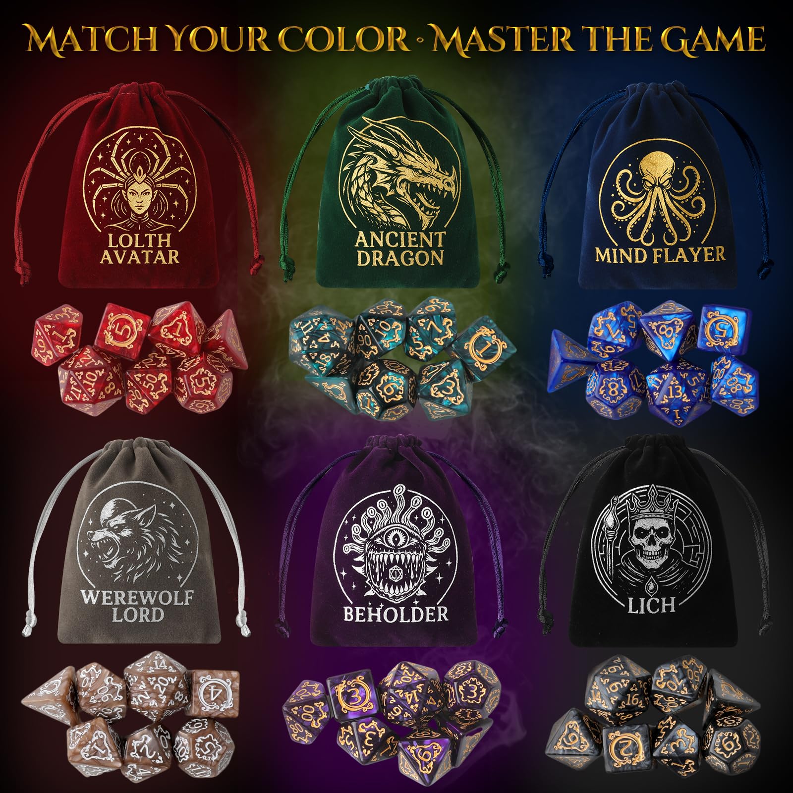 Grajar velvet boss pouches in six colors for organized dice storage.