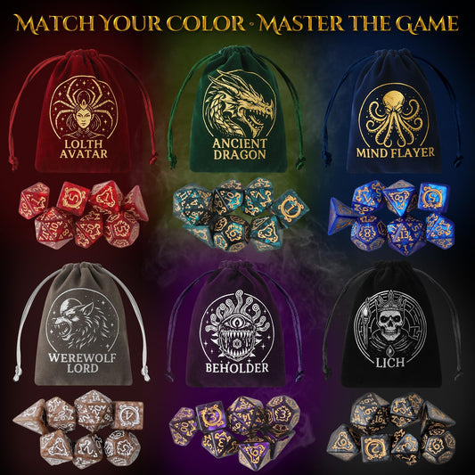 Grajar velvet boss pouches in six colors for organized dice storage.