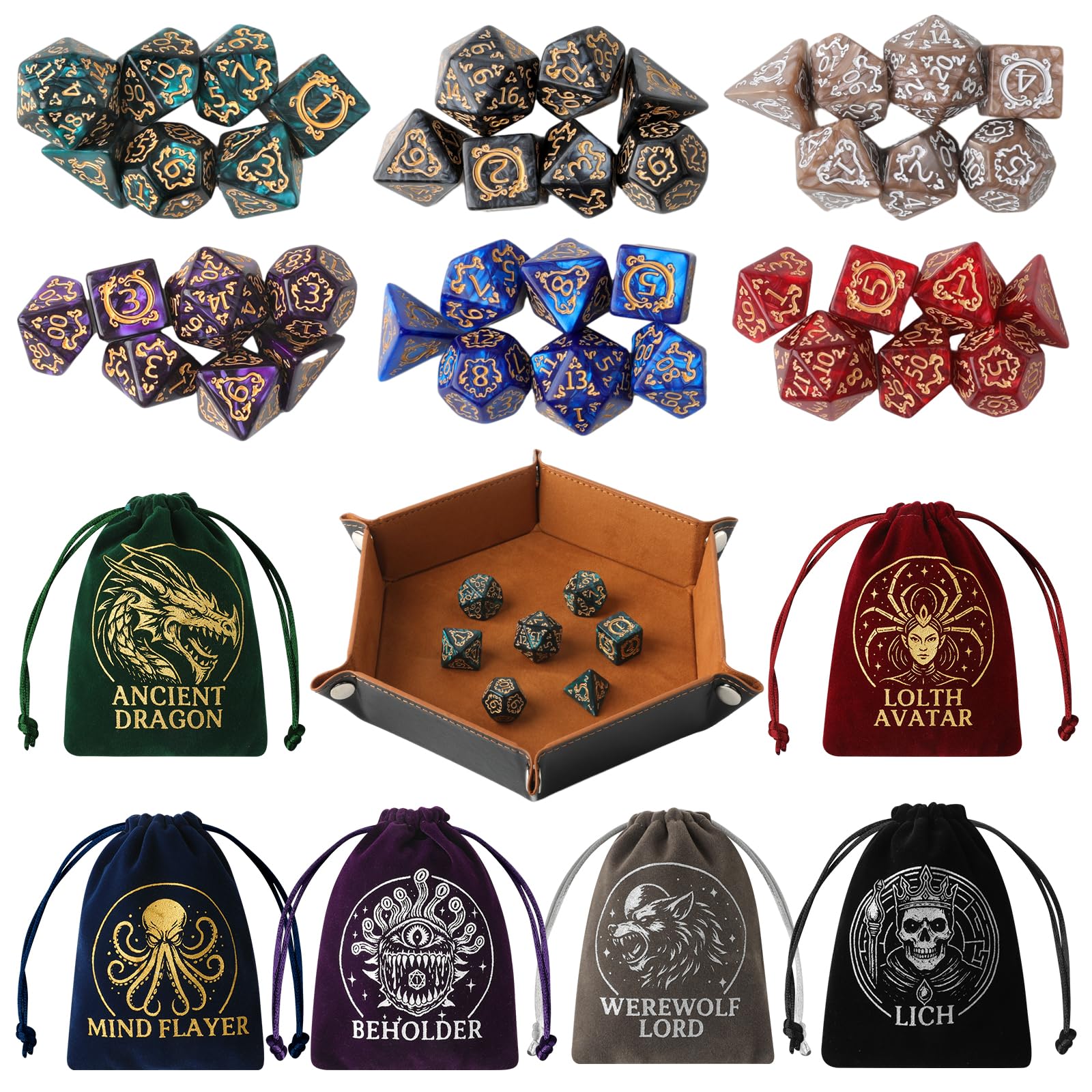Grajar Vintage Boss Totem dice set close-up with gold emblems for bold, high-contrast rolls.
