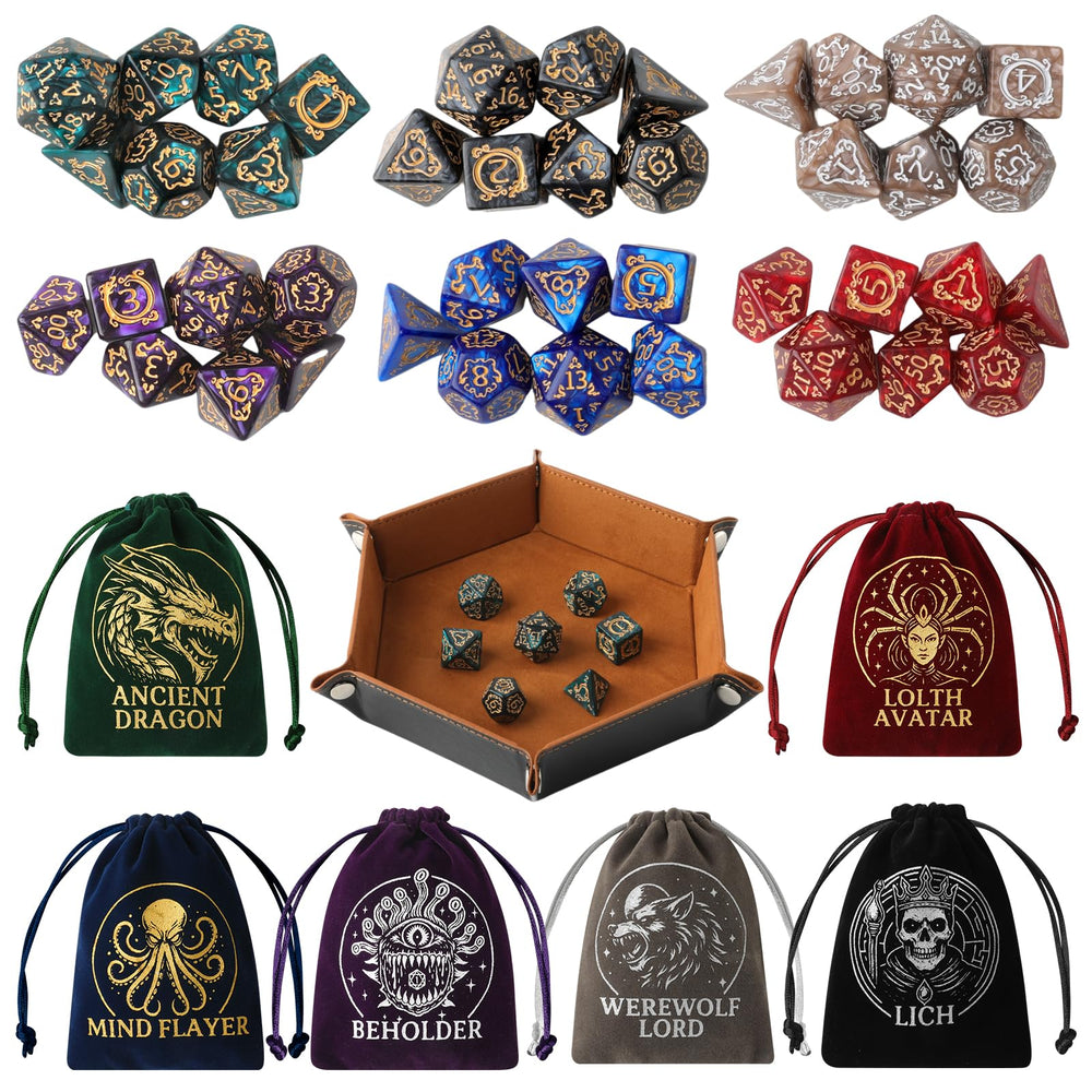 Grajar Vintage Boss Totem dice set close-up with gold emblems for bold, high-contrast rolls.