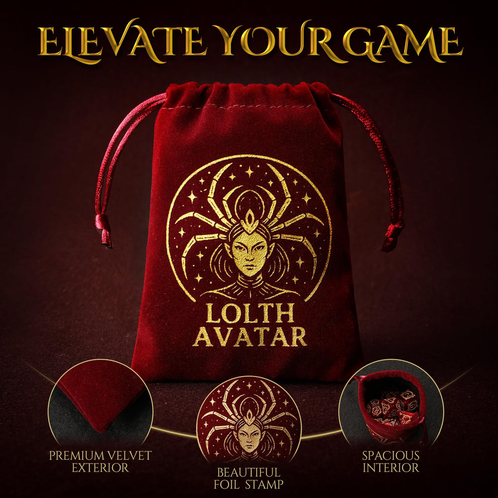 Grajar six color-matched dice and pouches arranged for seamless DND play.