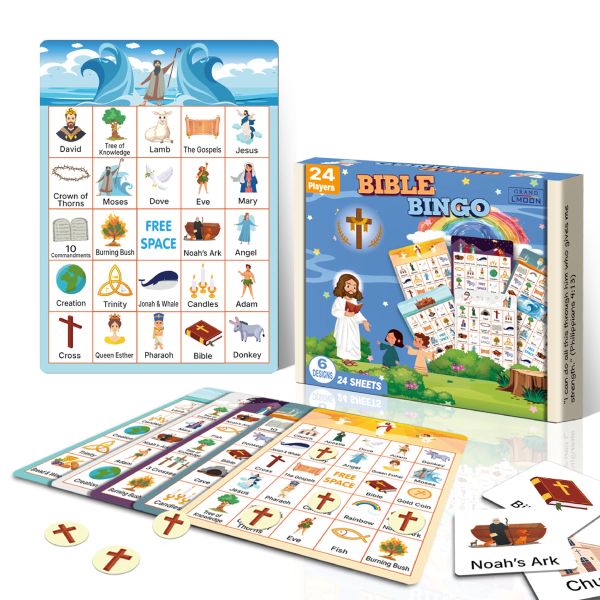 GRANDLMOON Bible Bingo cards for 24 players with tokens, classroom-ready.