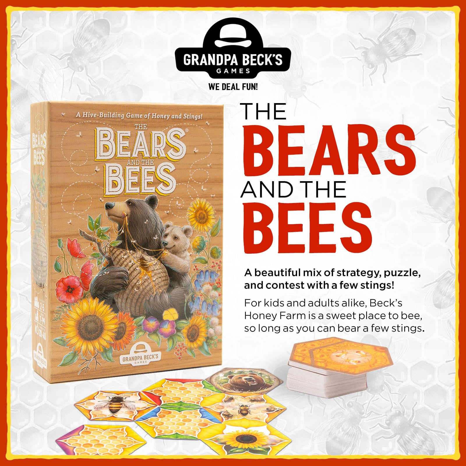Colorful hex cards from Bears and Bees showing varied faces