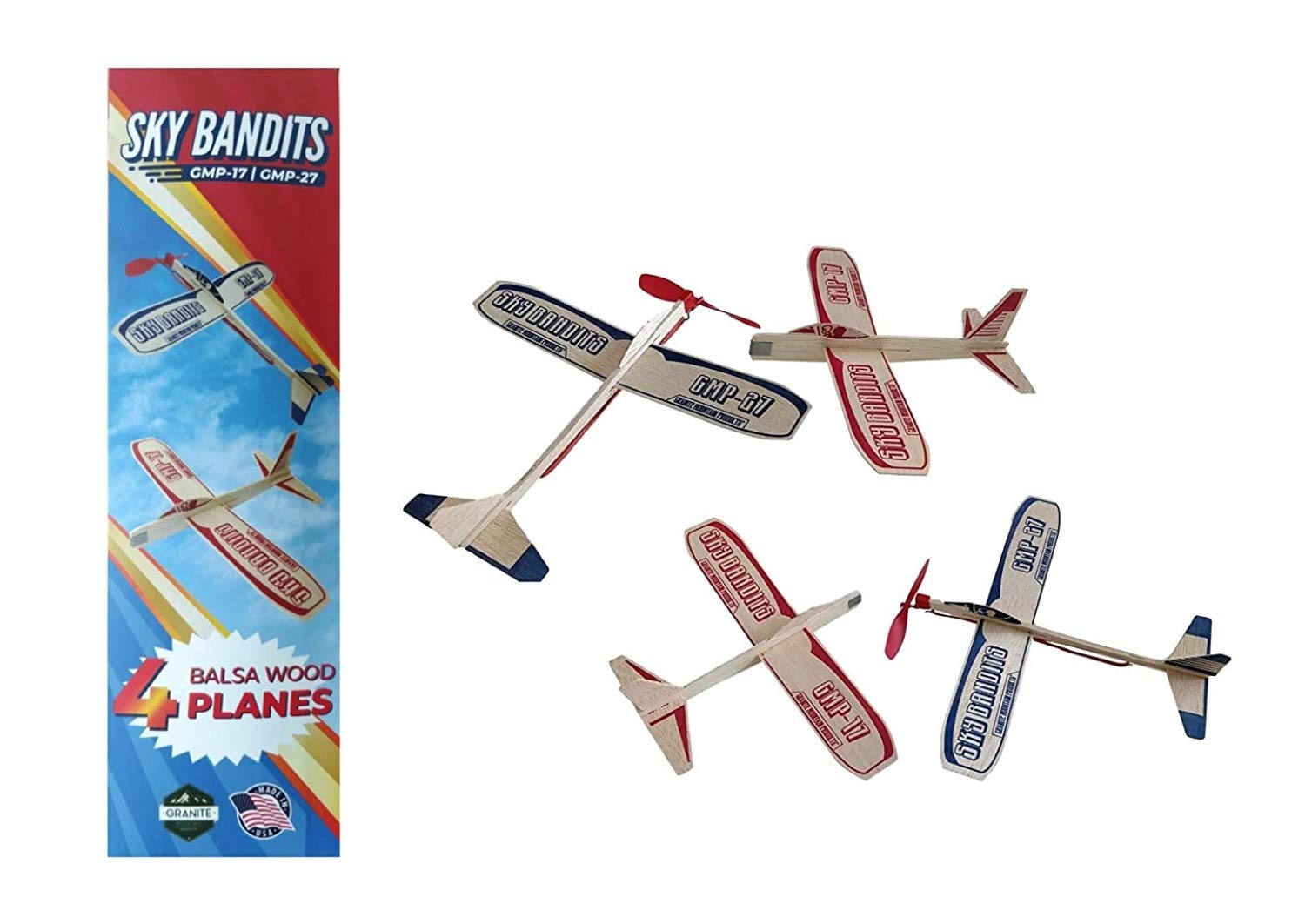 Granite Mountain Products balsa airplane kit packaging displaying four planes for safe storage