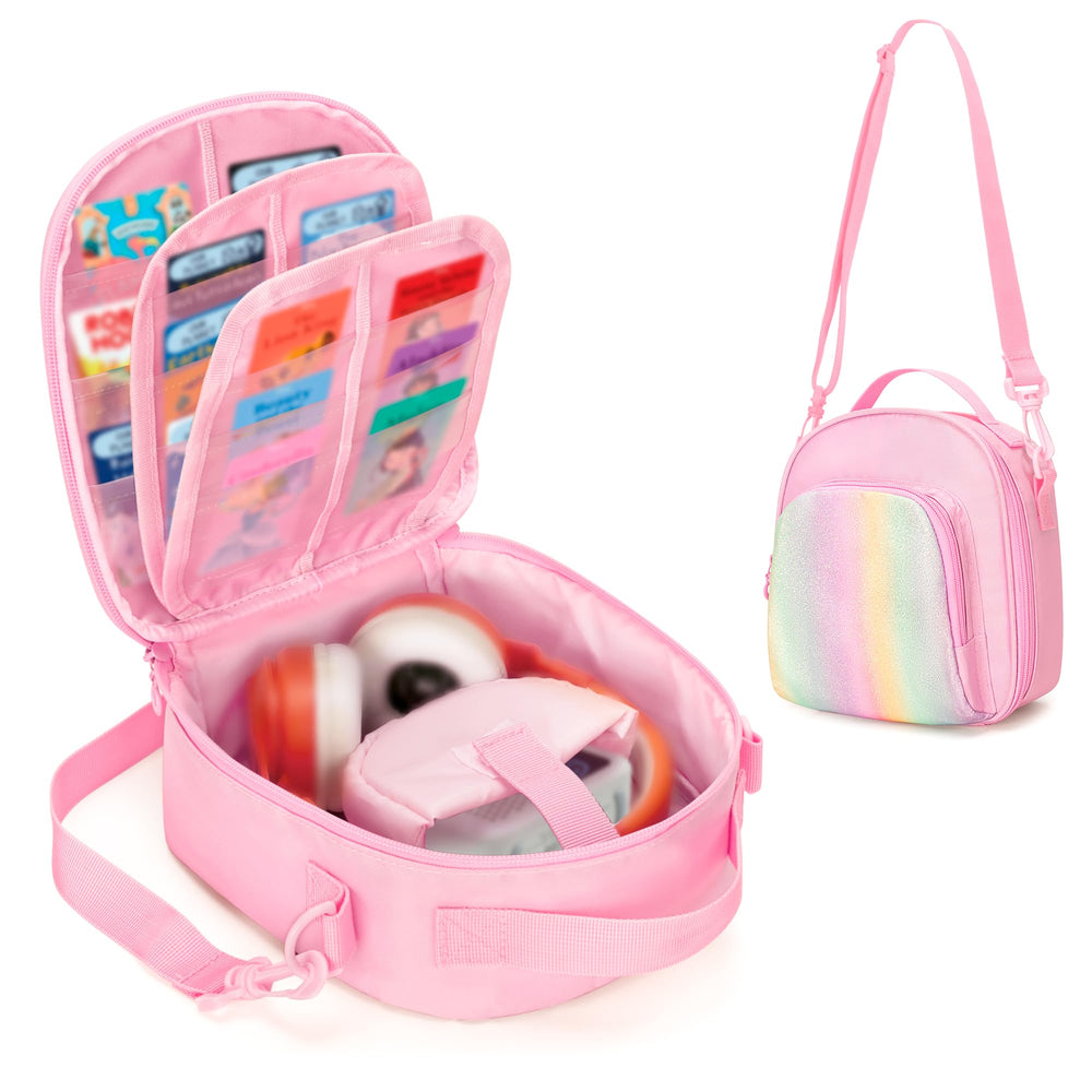 GRAOSO carrying case main compartment supports Yoto Mini with headphones, secured for travel.