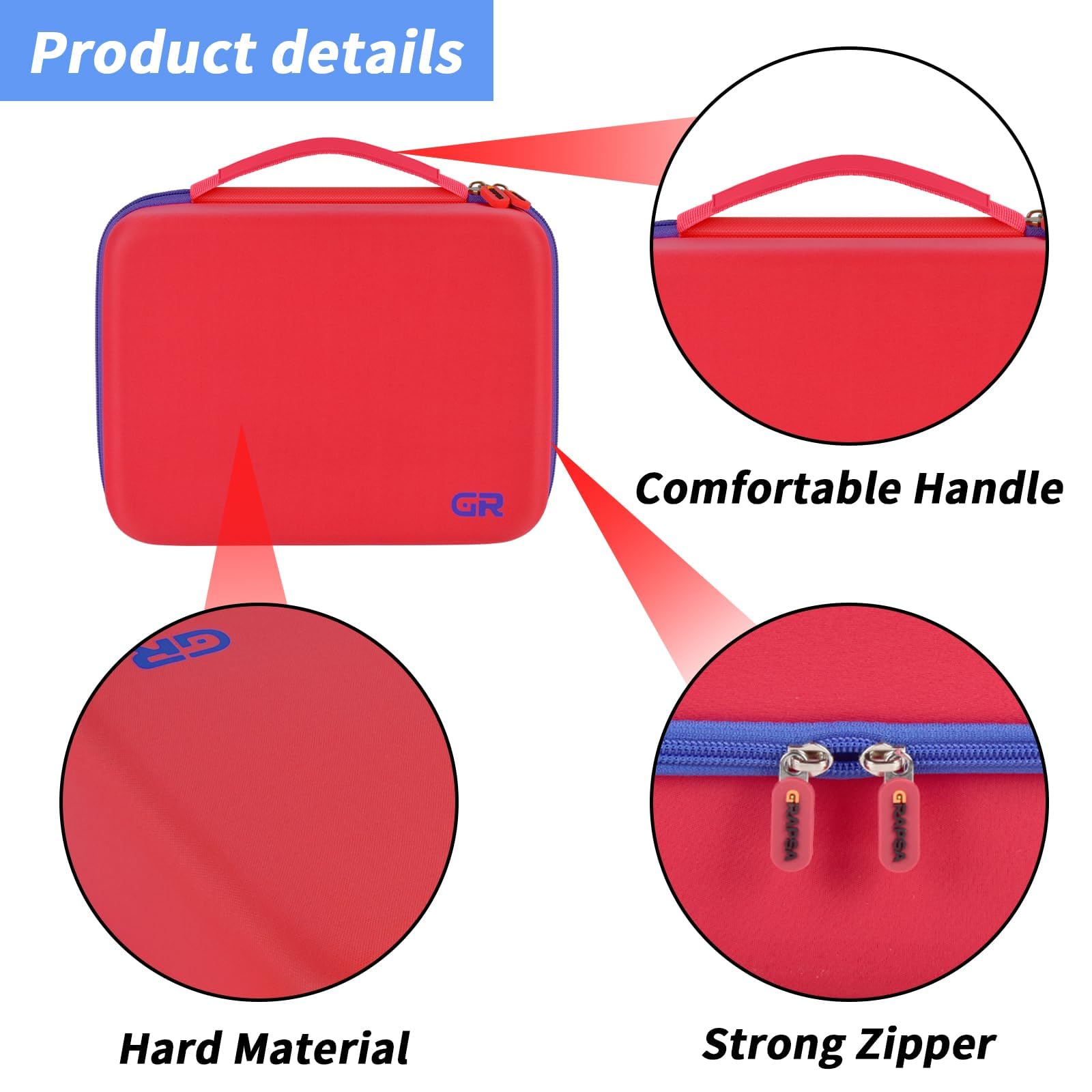 Grapsa red case with sturdy handle and zipper for easy transport.