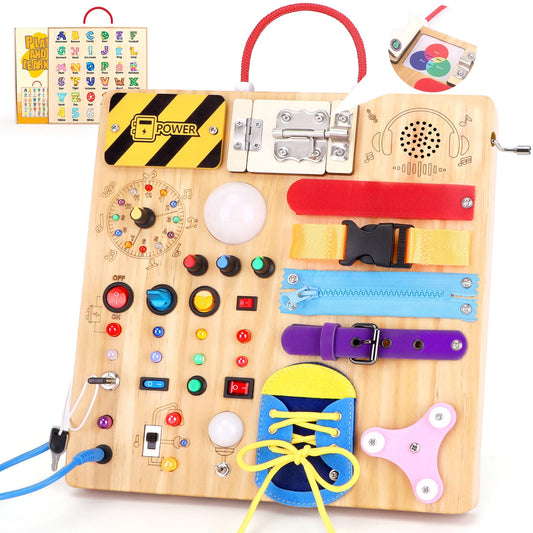 Grarain 23in1 Busy Board overview with colorful switches for sensory play and skill-building