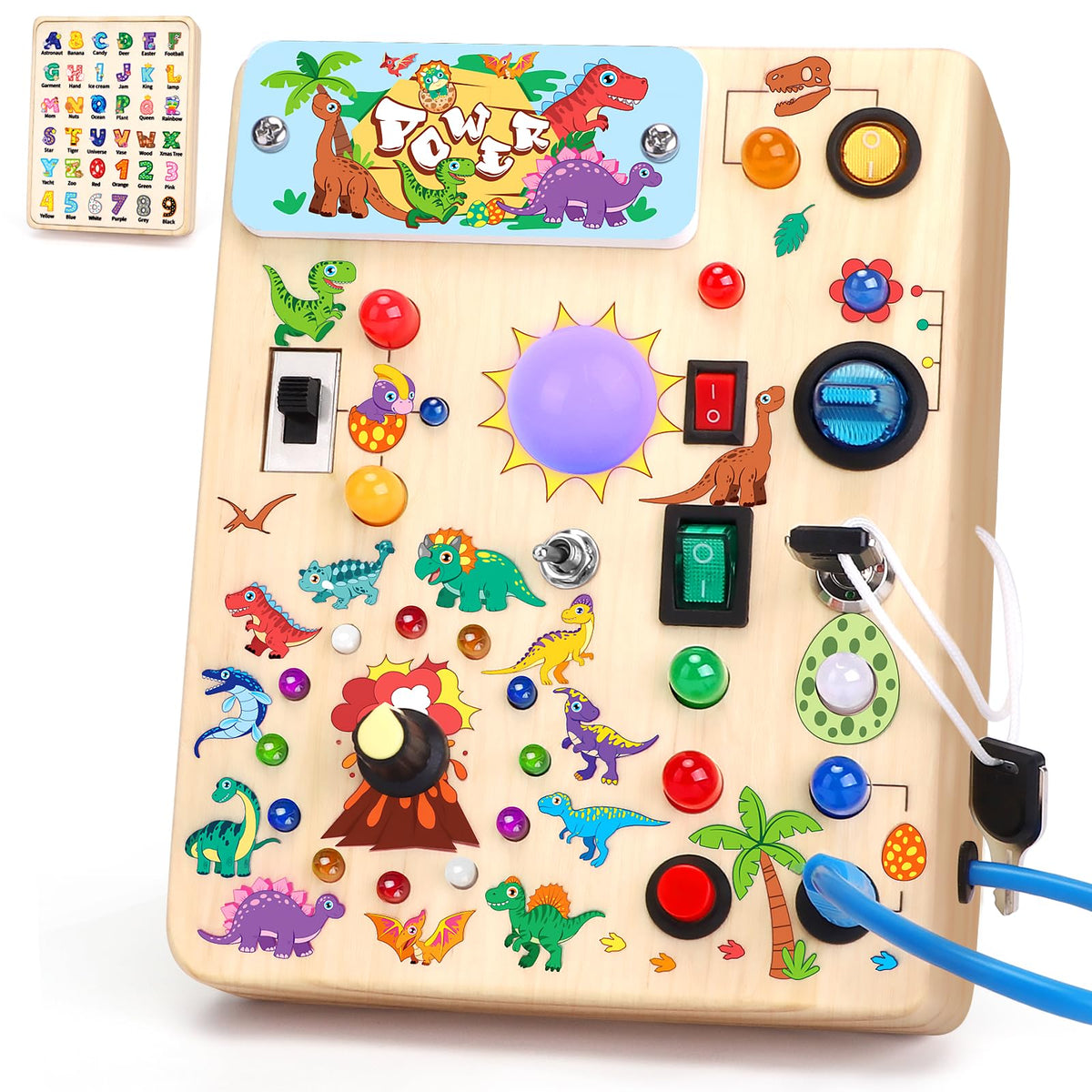Grarain Busy Board front shows dinosaur design and LED lights for tactile sensory play