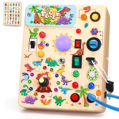 Grarain Busy Board front shows dinosaur design and LED lights for tactile sensory play