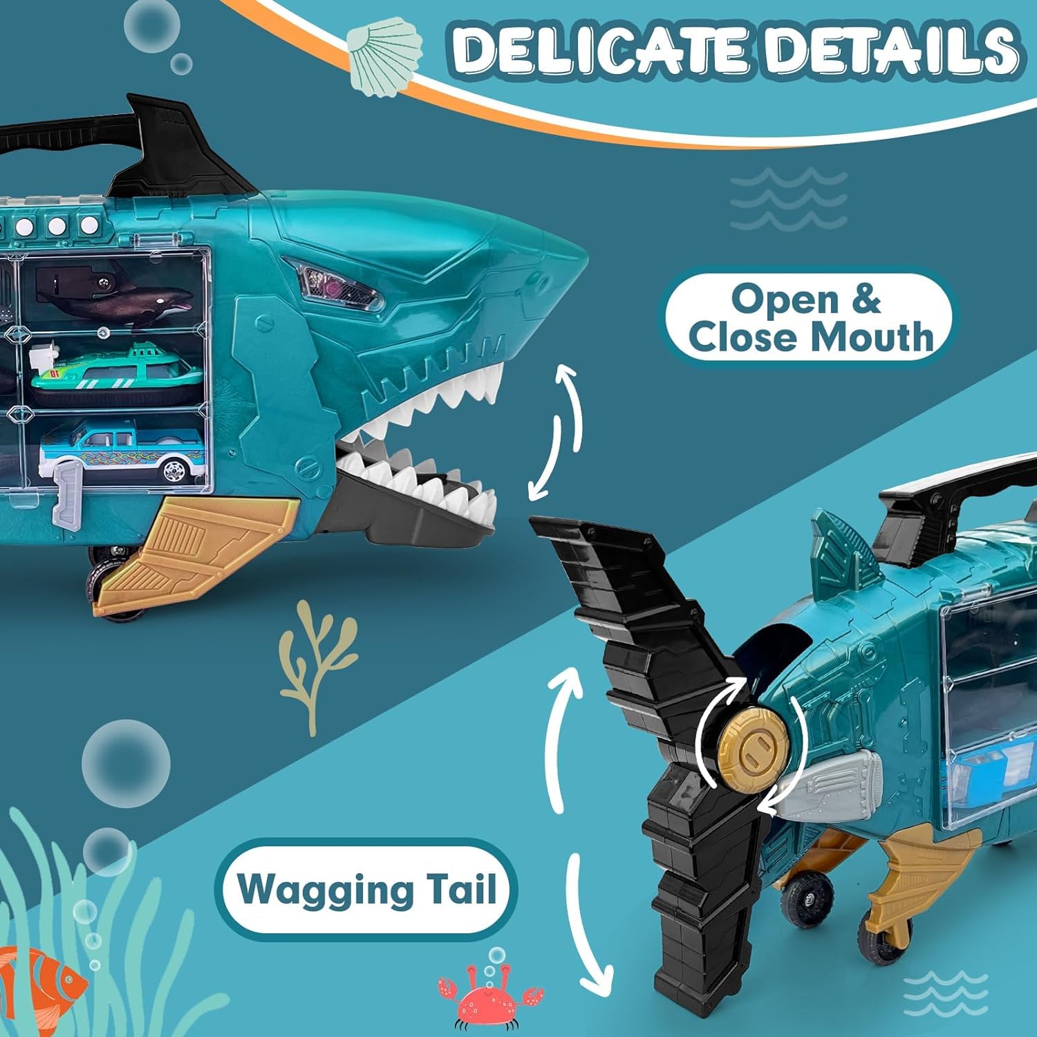 Grarain Shark LED Ocean toy cars featuring lighted eyes and interactive sounds.