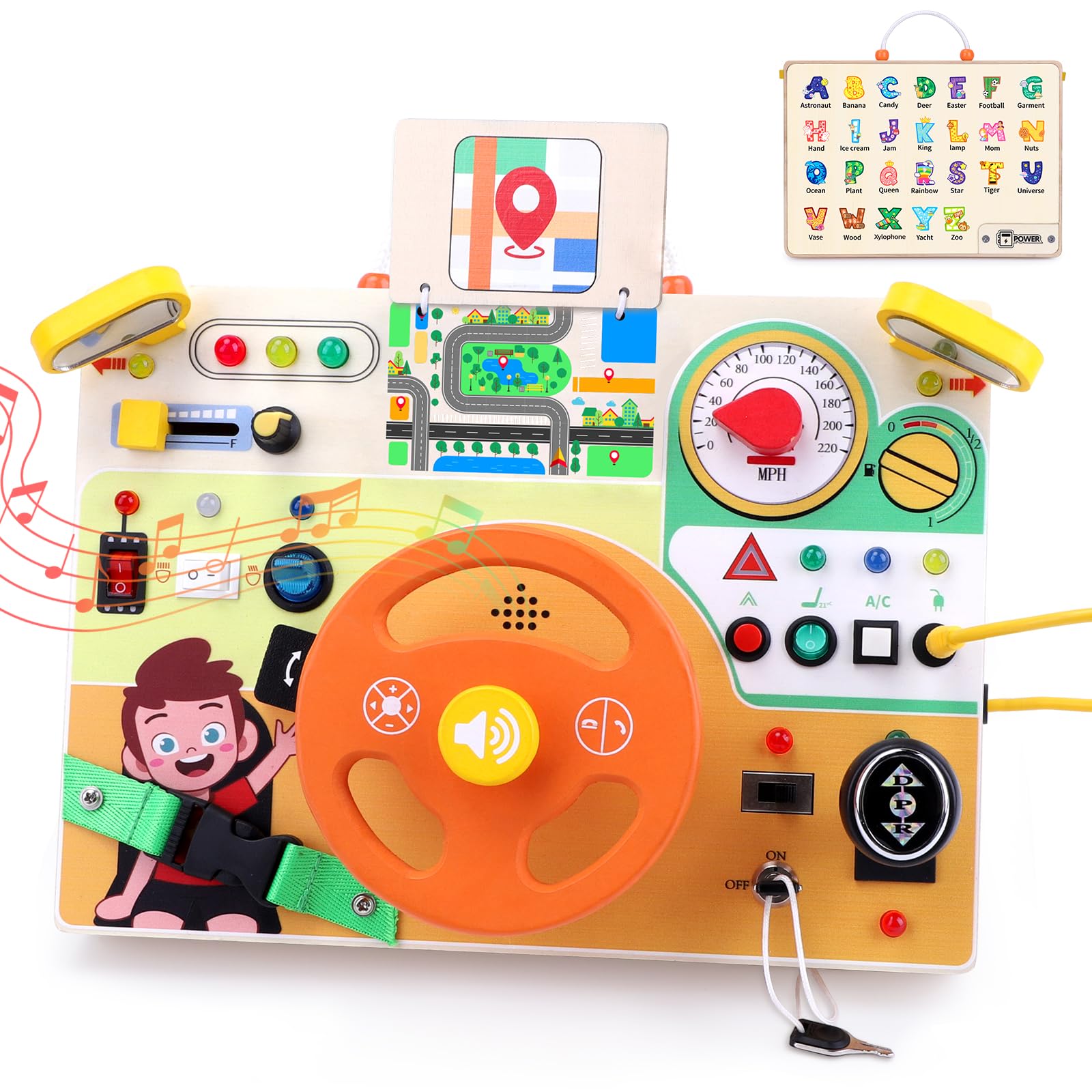 Grarain Busy Board steering wheel close-up for grip and imaginative play.