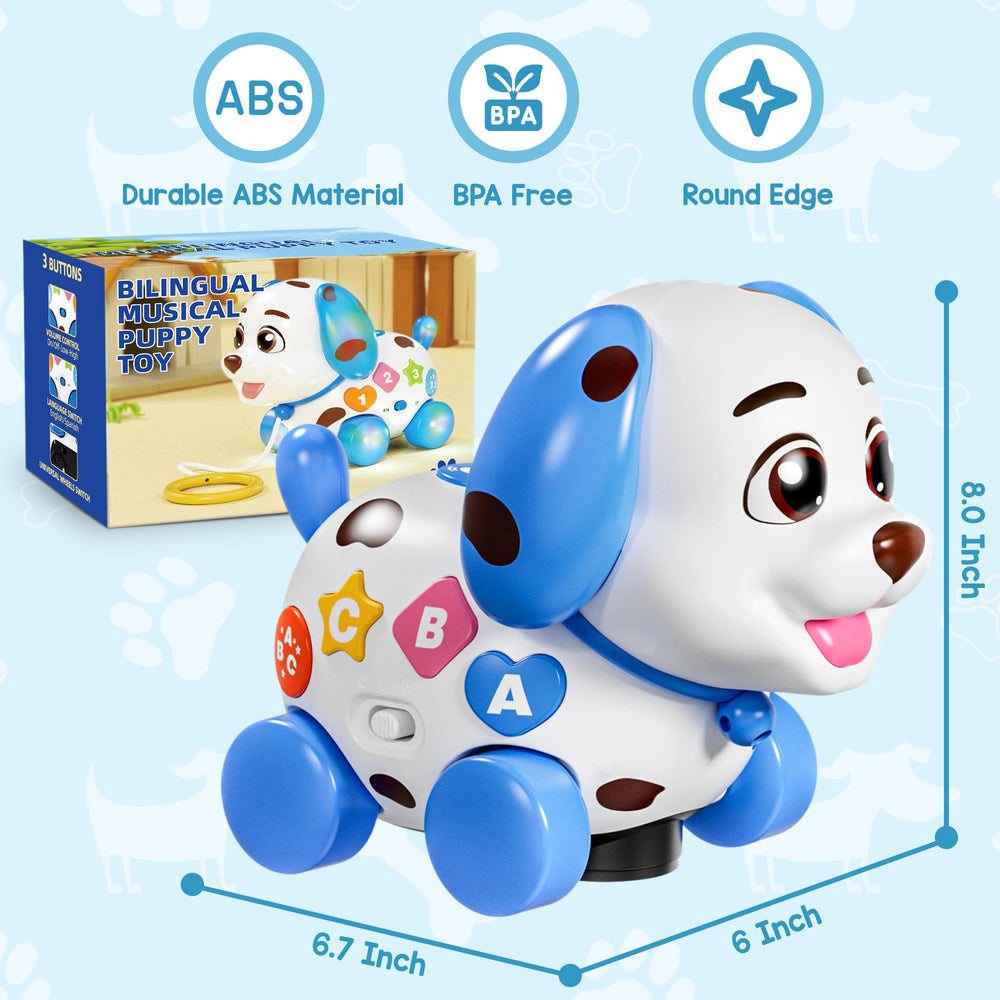 Grasili musical puppy uses 3 AA batteries not included for play.