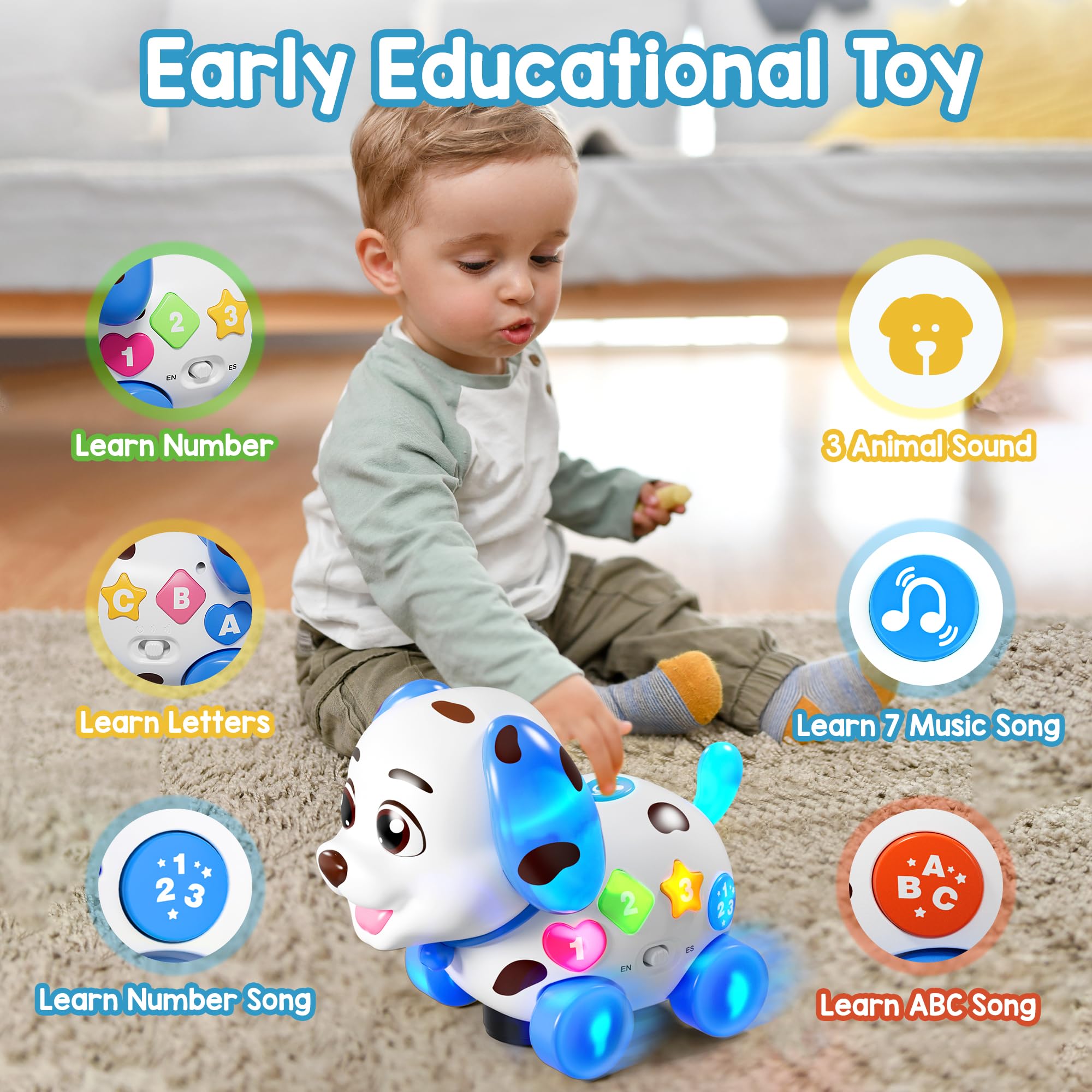 Grasili musical puppy bilingual buttons teach ABCs and basics.