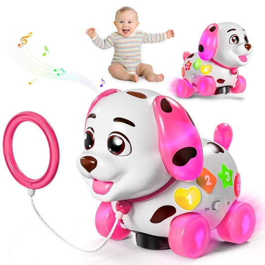 Grasili musical puppy toy, pink, front view with lights and tunes